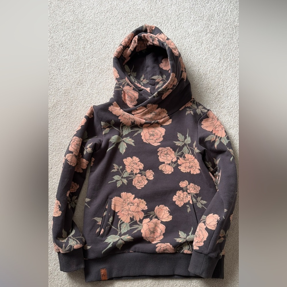 Floral Pullover Hoodie in Black with Peach Flowers